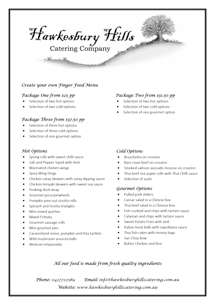 Hawkesbury Hills Catering Company - Customizable Finger Food Function Menu