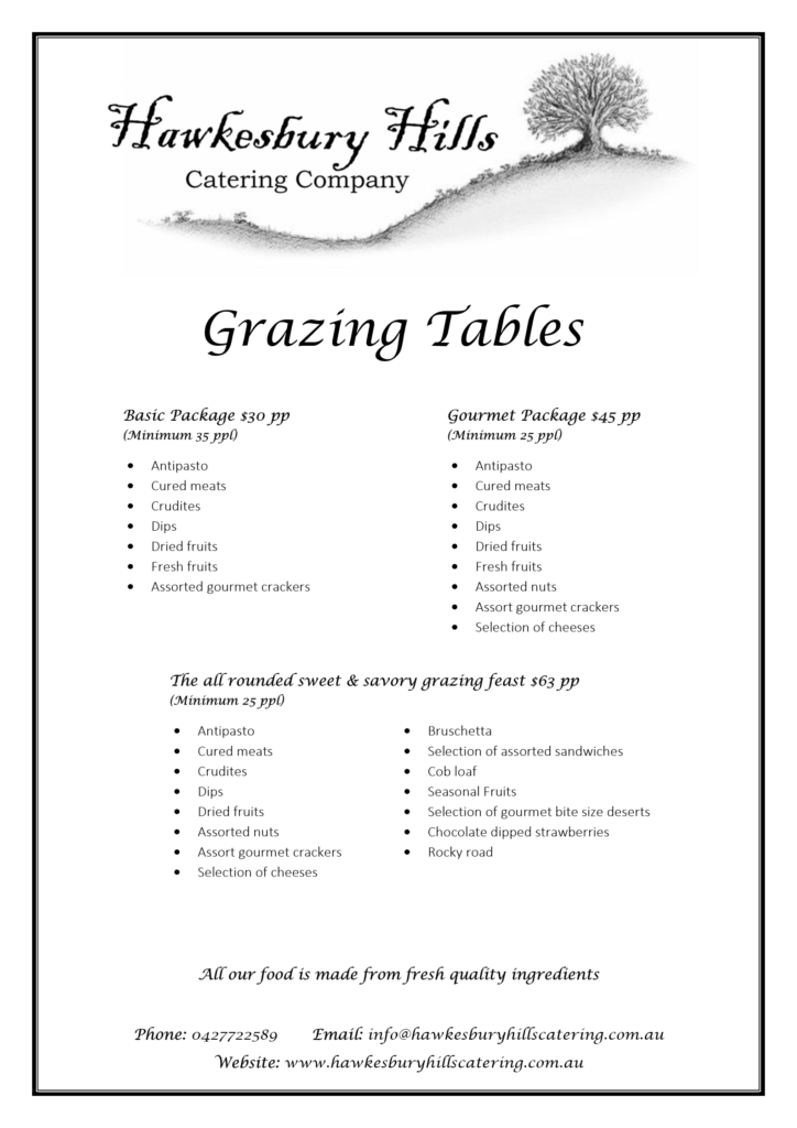 Hawkesbury Hills Catering Company - Grazing Table Menu