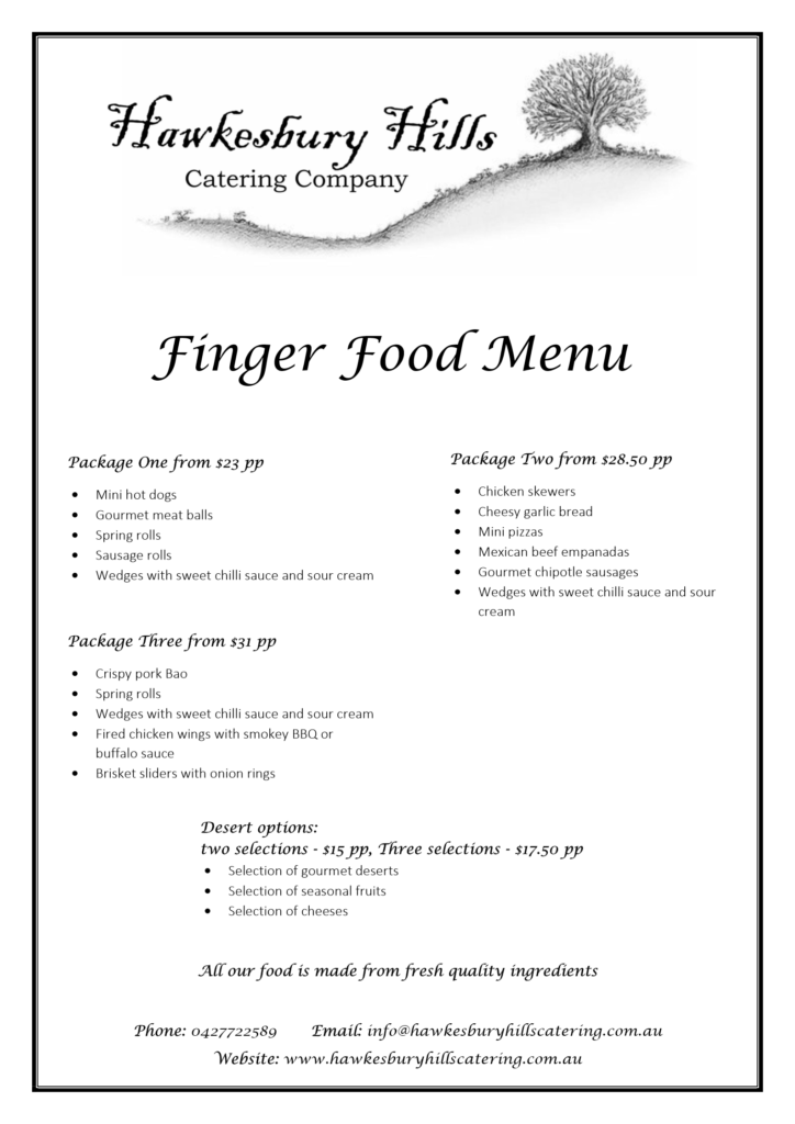 Hawkesbury Hills Catering Company Finger Food Menu