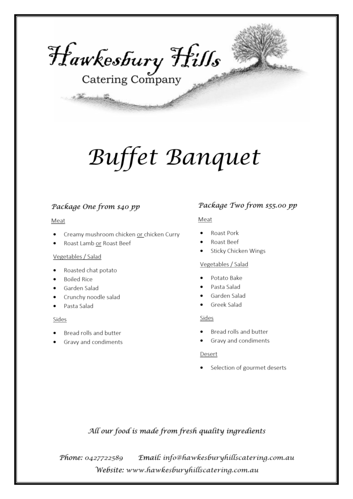 Hawkesbury Hills Catering Company Buffet Banquet Menu