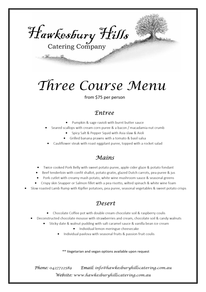 Hawkesbury Hills Catering Company Three Course Menu